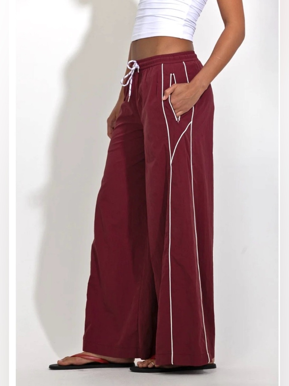 Cali1850 Nylon Wide Leg Track Pants Burgundy Side Stripe L